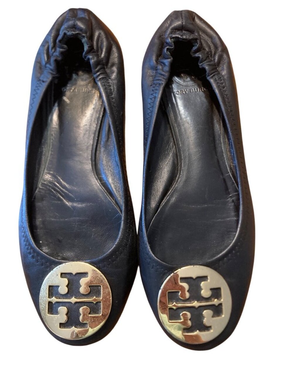 Tory Burch Womens Black Leather Reva Ballet Flats With Gold Logo Medallion Sz 8